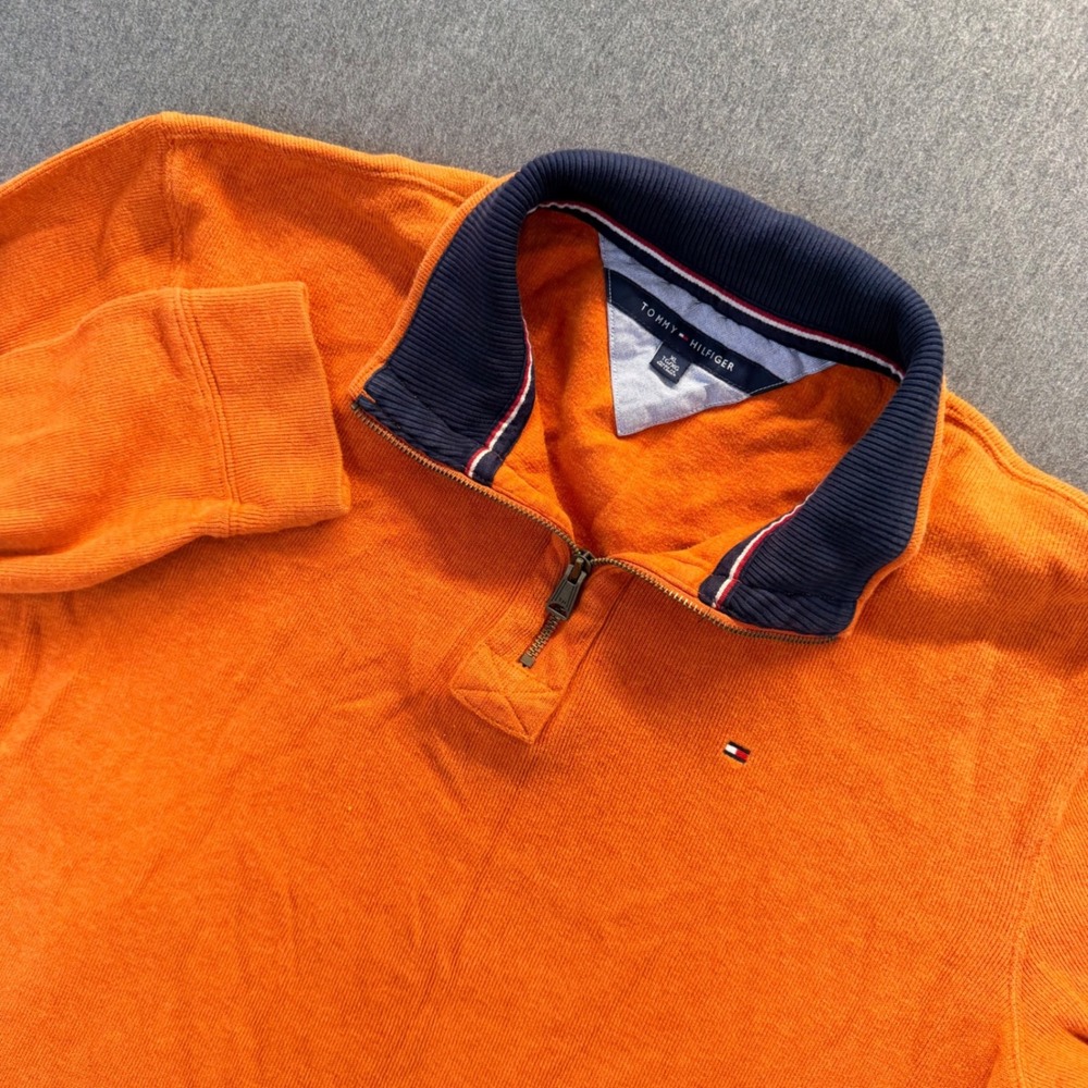 Tommy Hilfiger Mens XL Orange Ribbed Quarter Zip Pullover Cotton Knit Sweater